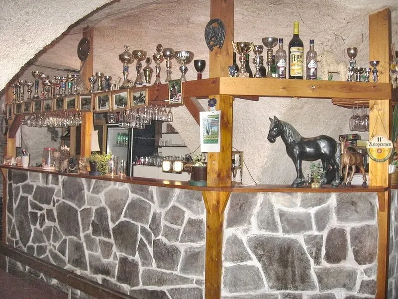 Bar restaurace Veselá konírna s kamenným obložením, poháry a soškou koně